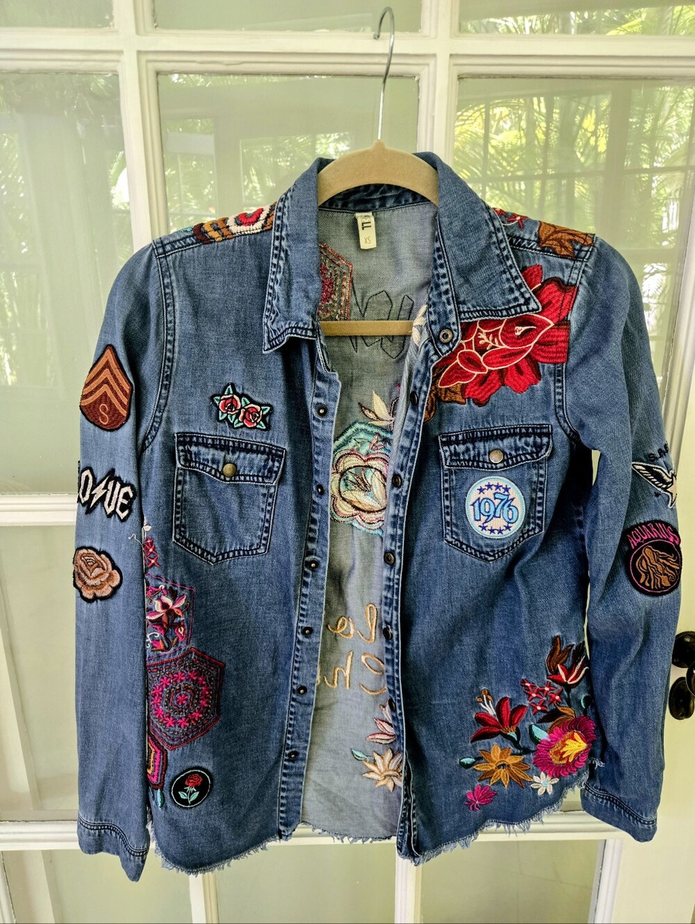 Spell Embroidered Blue Denim Jacket with Floral & Patchwork Details